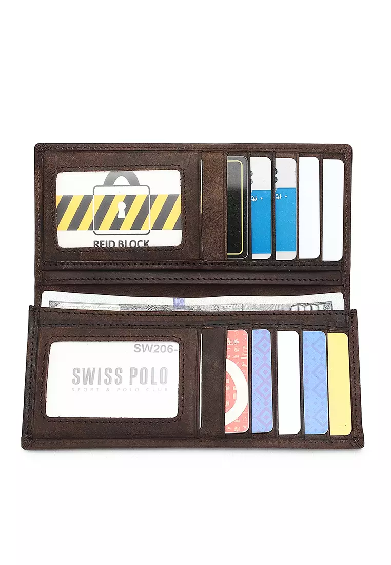 Genuine Leather RFID Long Wallet - Brown