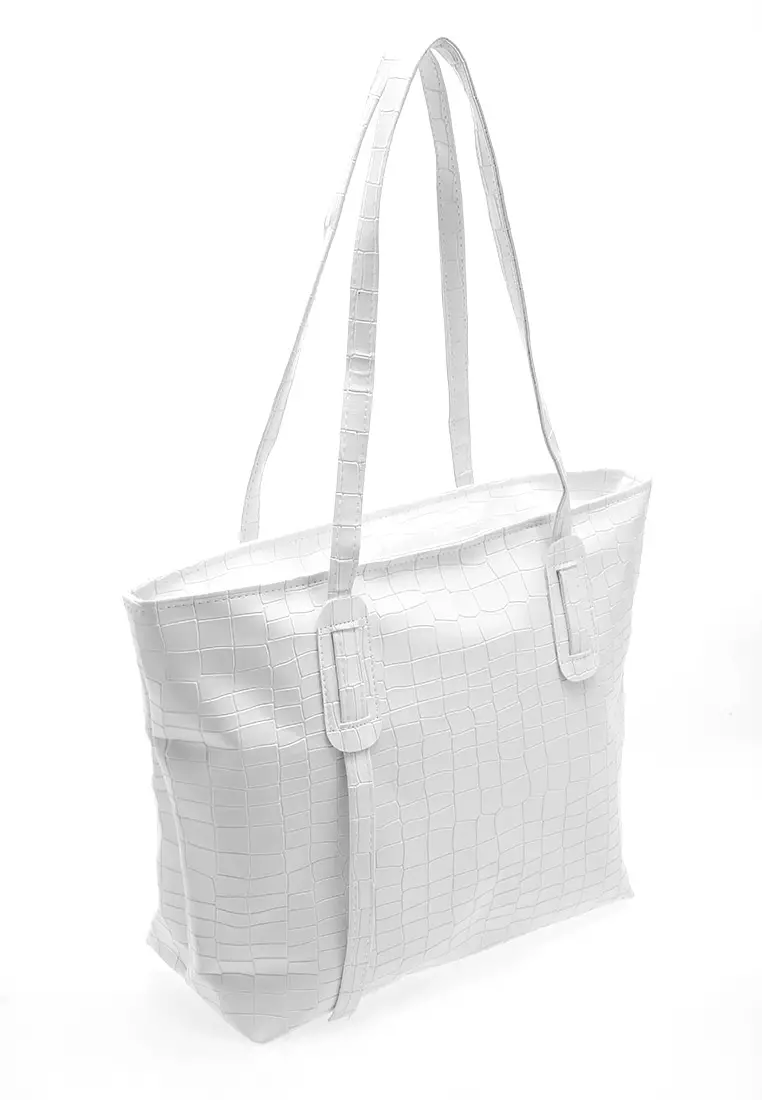 Vonica Tote Bag Motif Crocodile Tas Wanita Quality Premium - White