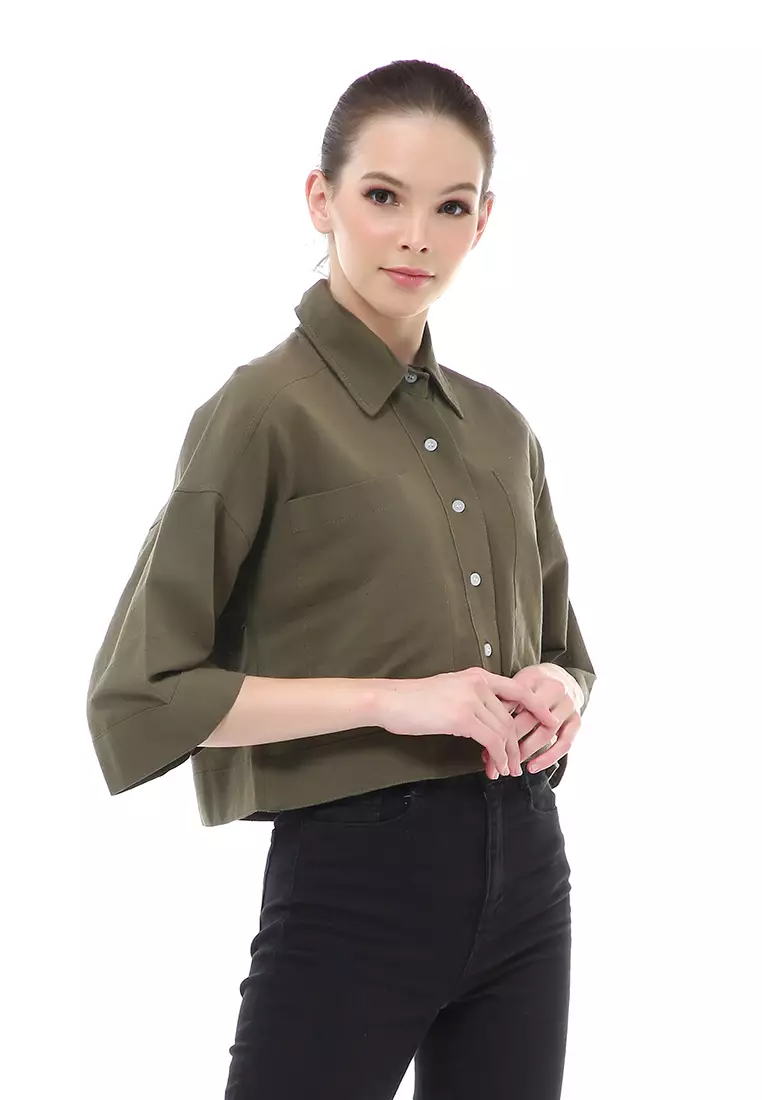 Brielle Atasan Wanita Kemeja Crop Oversize Shirt Lengan Panjang Material Linen ORIGINAL - Olive