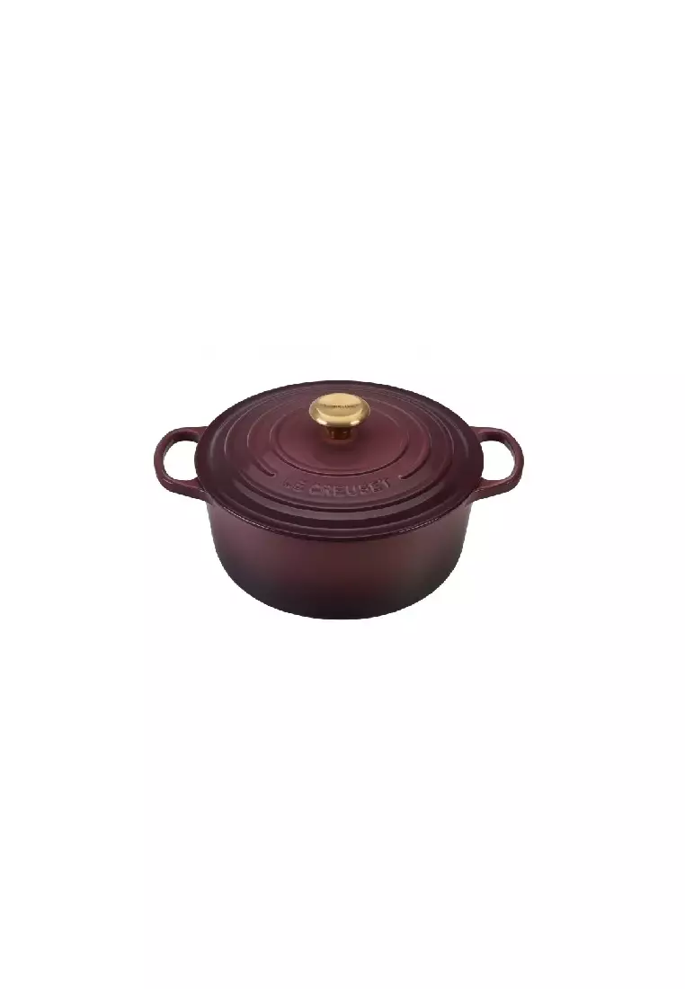 Le Creuset Le Creuset Signature Fig Cast Iron 16cm Round Casserole With Gold Knob (Black