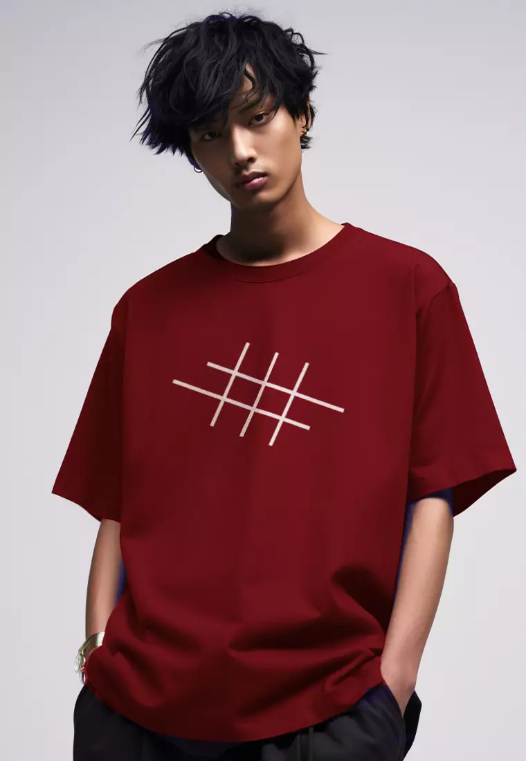 MTQ40 kaos oversize tebal bahan scuba distro pria aesthetic garis tictactoe merah maroon