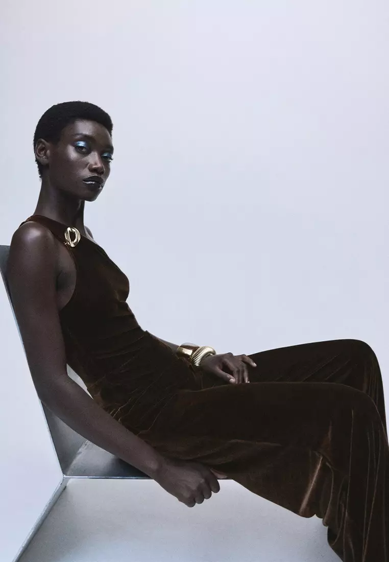 Velvet Jumpsuit with Metallic Detail