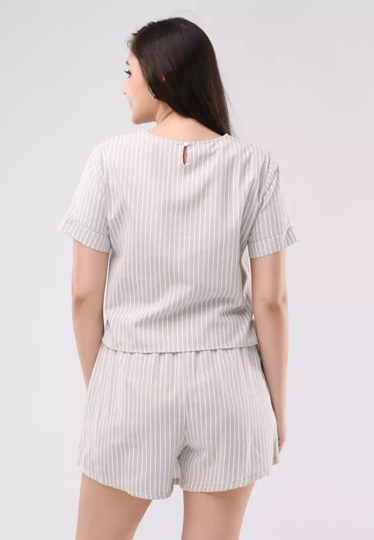 Cotton Stripes Short Sleeves Terno Skort