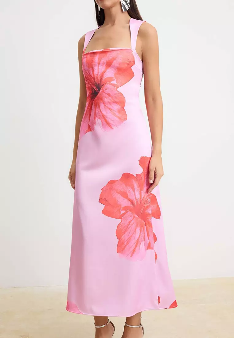 Multi-Colored Floral Woven Back Detailed Satin Maxi Dress Tprss26El119