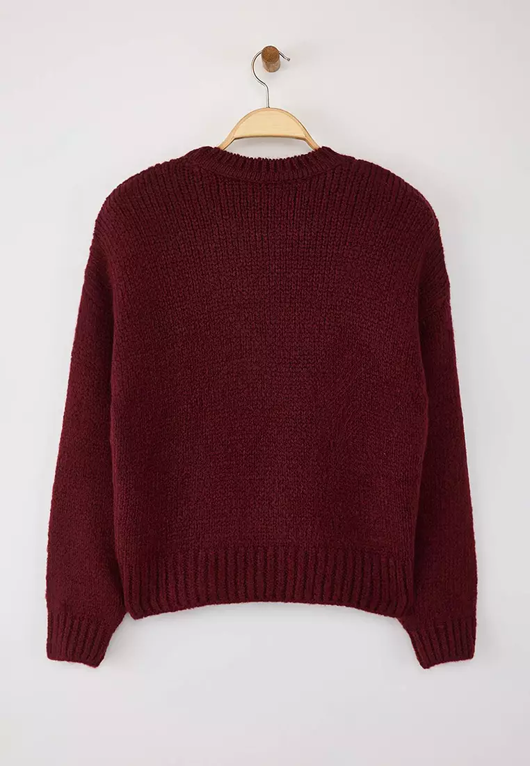 Burgundy Wide Fit Soft Textured Basic Knitwear Sweater