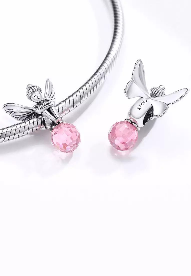 Solid 925 Sterling Silver Fairy King Pink Crystal Charm