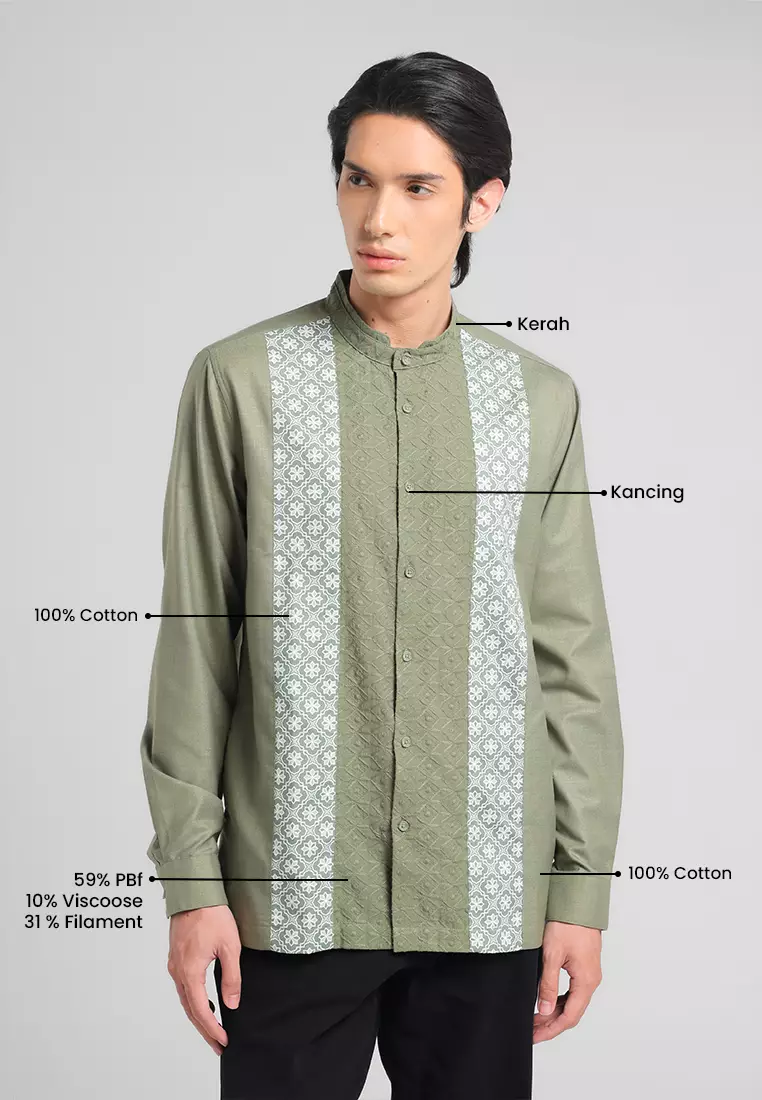 MANZONE - Kemeja Koko Lengan Panjang Pria Haddad Modern - Sage Warna SAGE