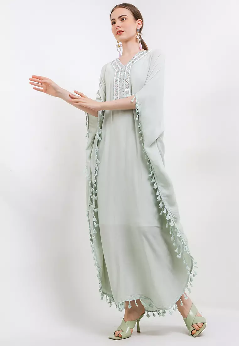 Sequined Emb Tassel Detail Crinkle Cotton Kaftan