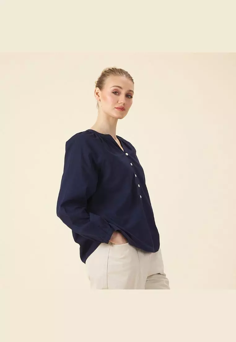 Women's Cotton Linen V-Neck Long Sleeves Loose Fit Half Placket Shirt