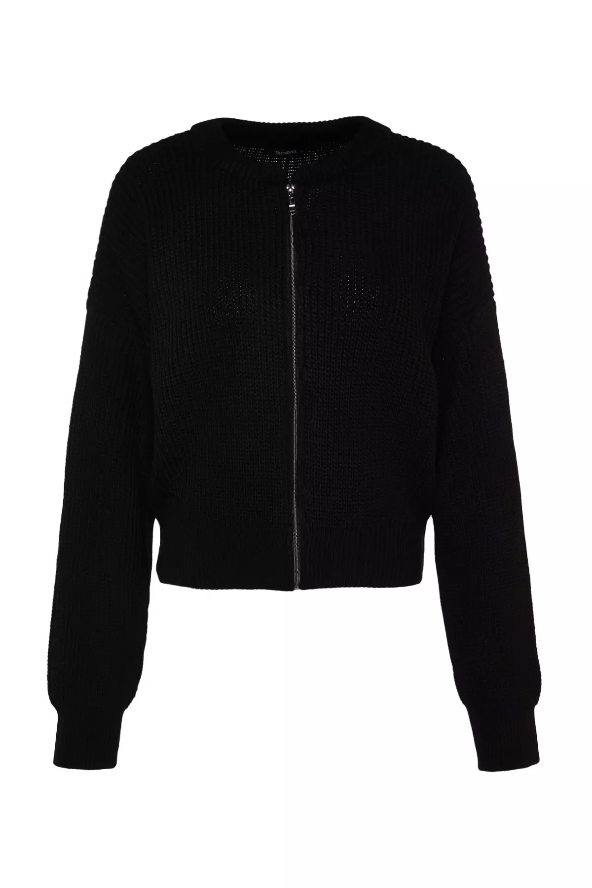 Black Wide Fit Bomber Collar Zippered Knitwear Cardigan Twoaw24Hi00153