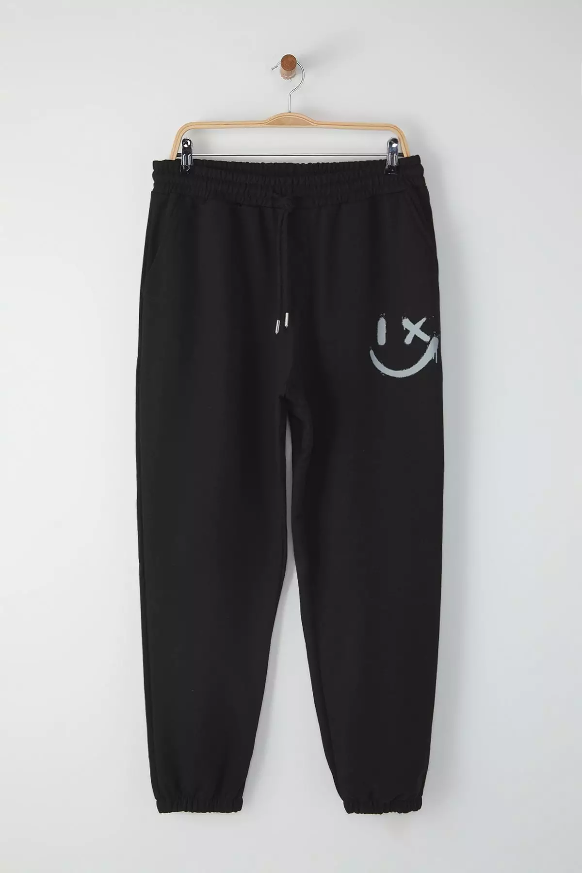 Black Oversize/Wide Cut Elastic Leg Smiley Face Printed Jogger Sweatpants TMNSS22EA0119