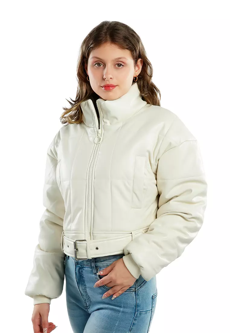 Jaket Puffer Cropped Belted Cream