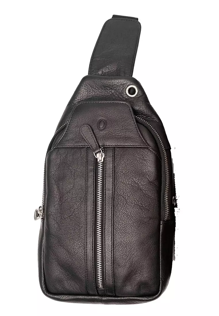 black leather sling backpack