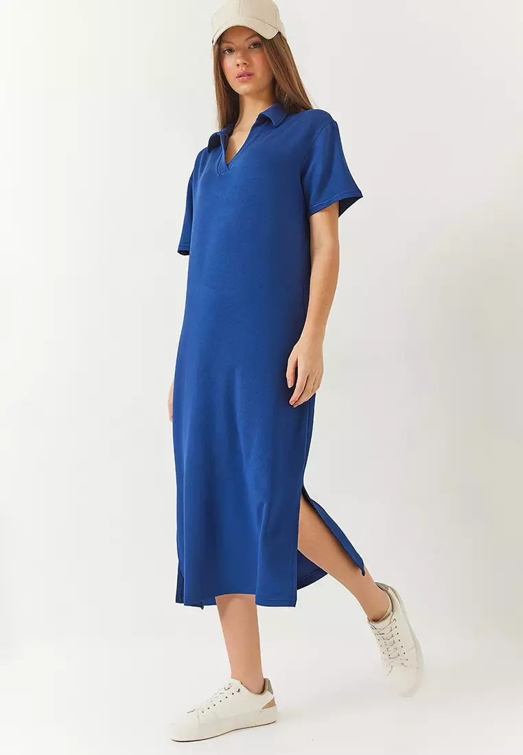 Women's V Neck Short Sleeve Slit Basic Dress 5621 60261424