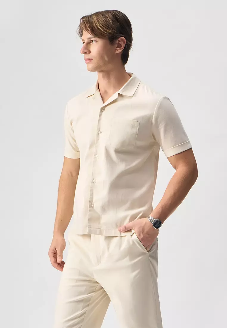 Open Collar Linen Short Sleeve Shirt