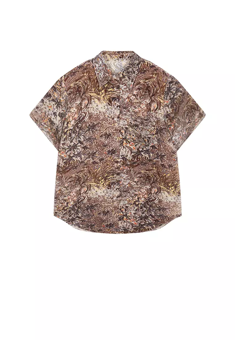 混纺图案元素花型宽松短袖衬衣