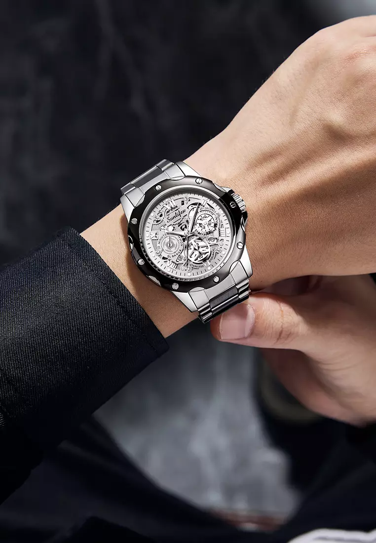 Jam Tangan Pria Kuarsa Luminous Tanggal Kasual Tali Stainless Steel Jam Tangan Cowok 8080 silverwhite