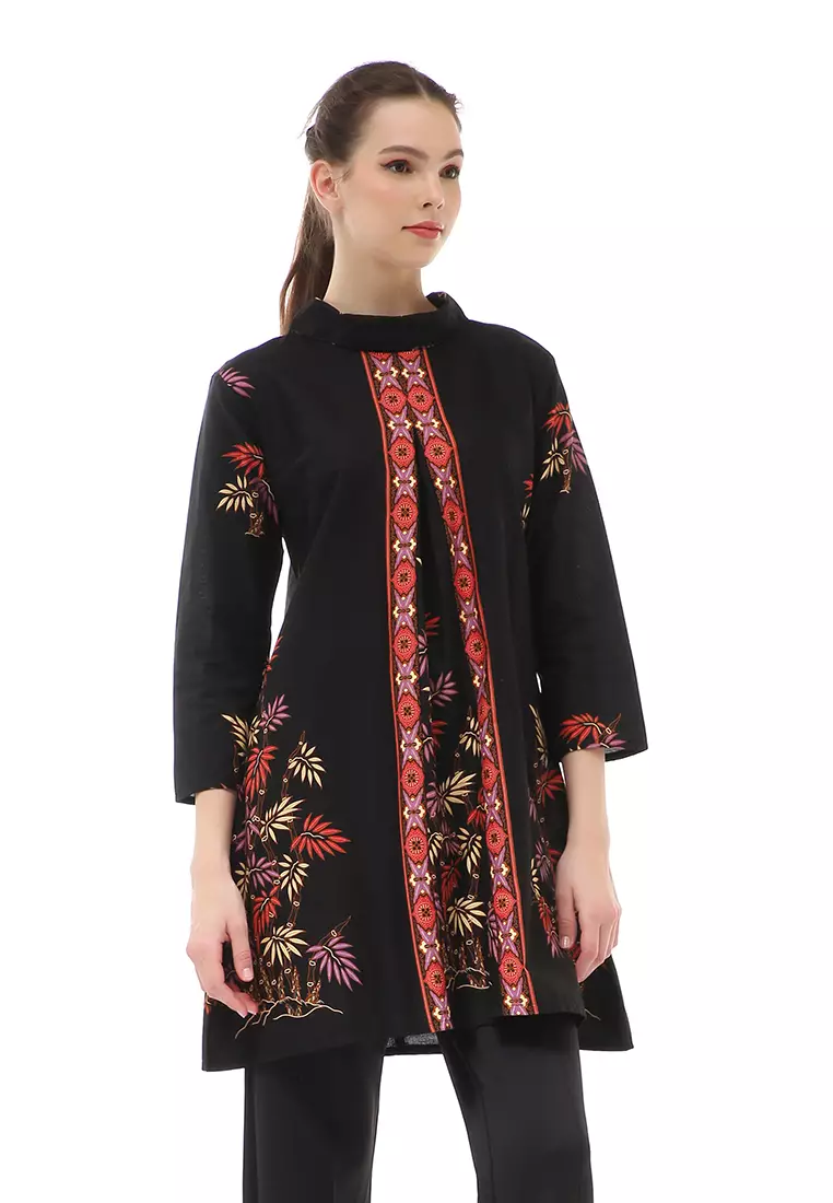 Olaf Atasan Batik Wanita Tunik Traditional Motive Desain Belah Tengah Material Cotton ORIGINAL - Black Red