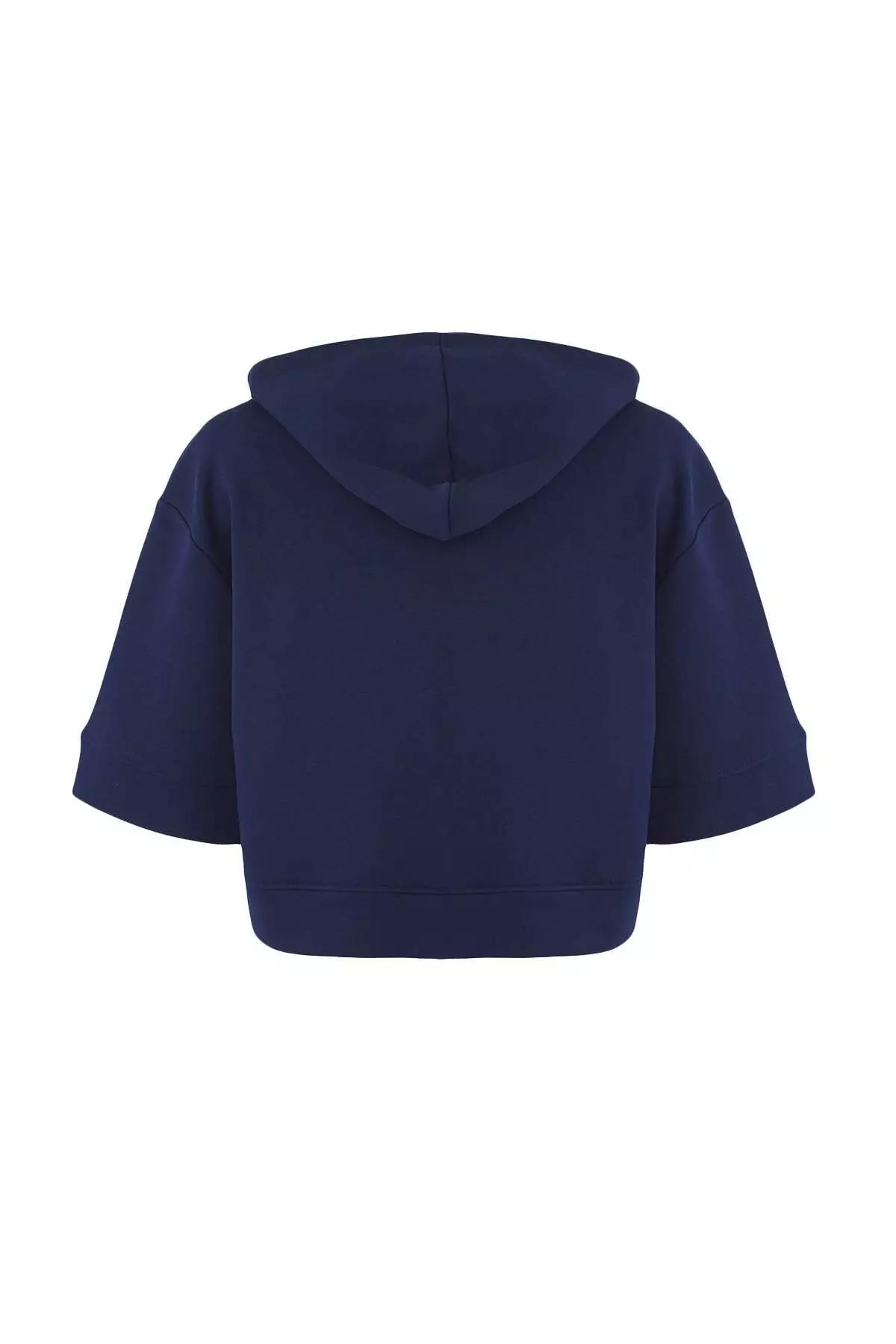 Navy Blue Hooded Zipper Detailed Three Quarter Sleeve Thick Knitted Sweatshirt