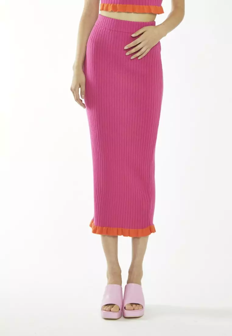 Contrast Frill Rib Kitted Midi Skirt