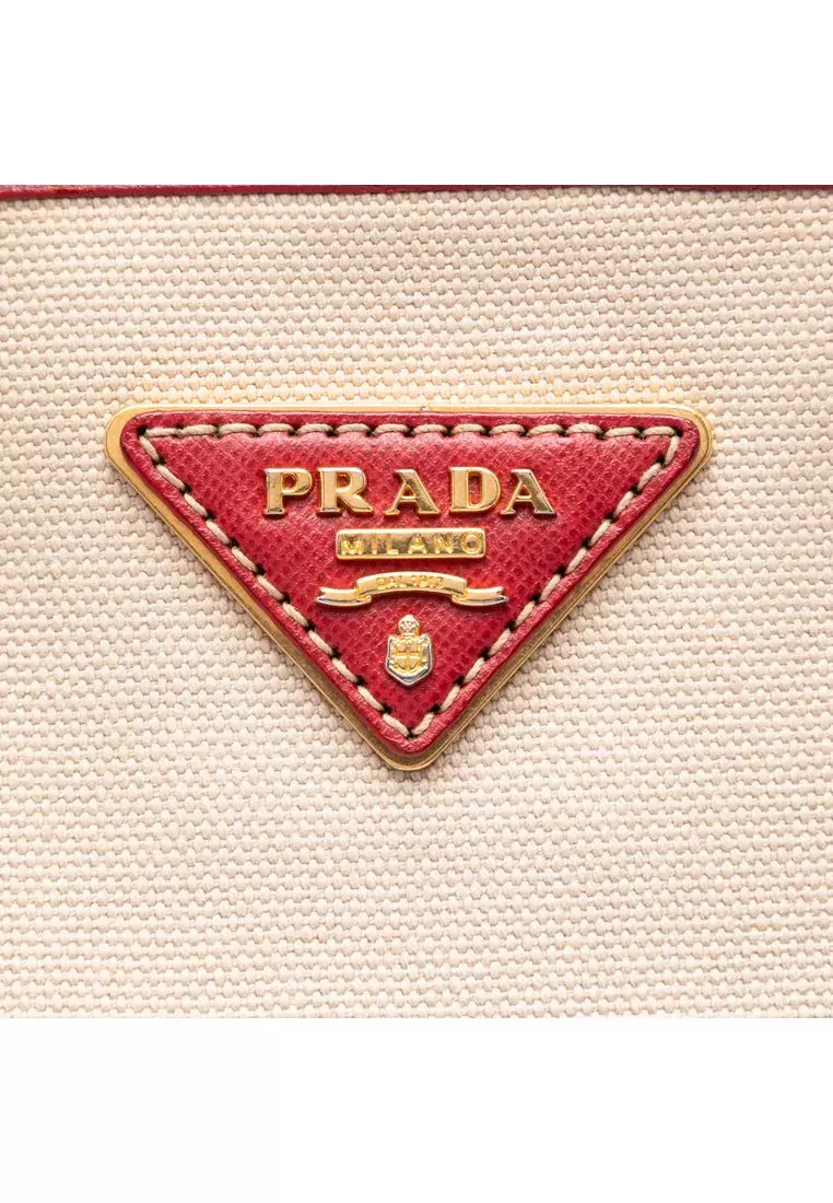 Pre-Loved Prada Saffiano Trimmed Canvas Canapa Logo Satchel
