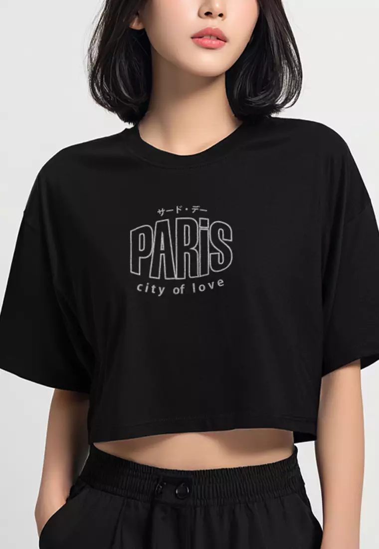 LTH12 Kaos Crop Top Oversize OLC "paris" hitam