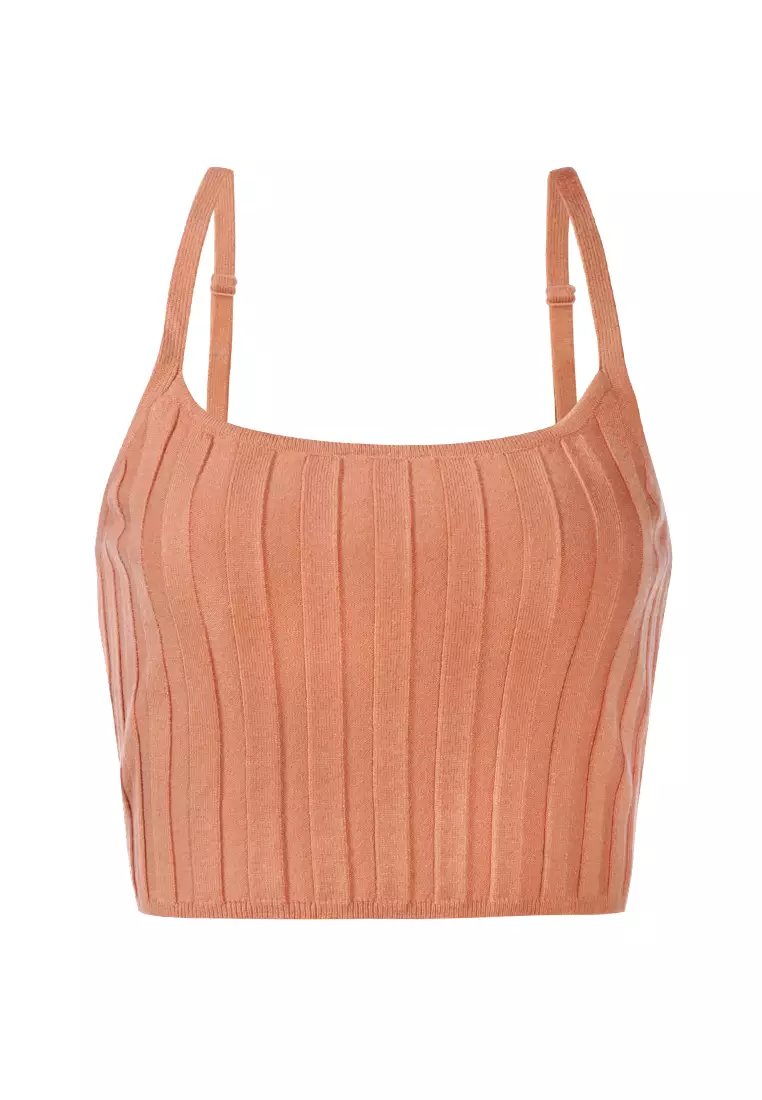 Rib Knit Spaghetti Crop Top in Desert Sand