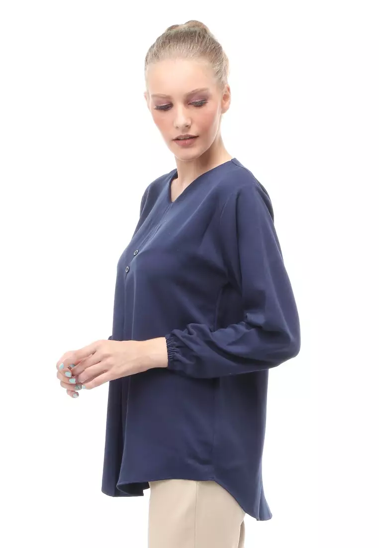 Mitzi Blouse Wanita Kerah V-neck Motif Solid Aksen Kancing Design Casual - Navy
