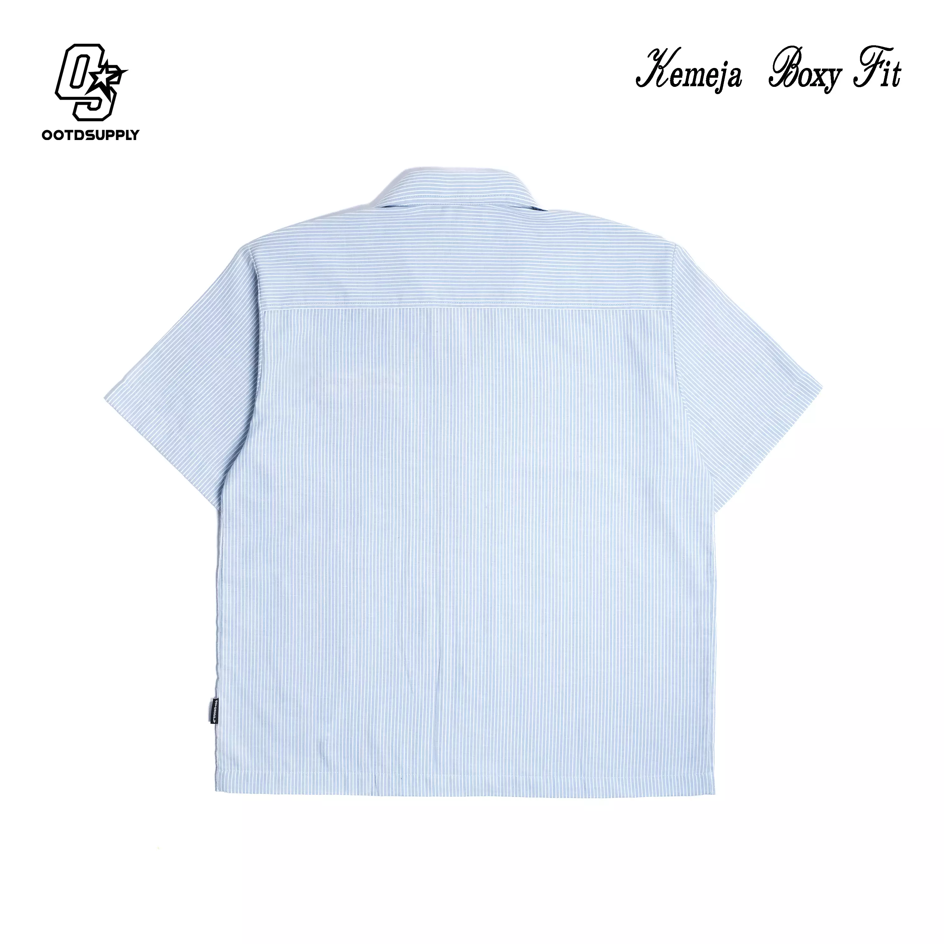 OOTDSUPPLY Kemeja Stripe Casual Blue Wave Embroidery Black & Blue | Kemeja Salur | Relaxed Shirt Pendek | KMJRSBWE