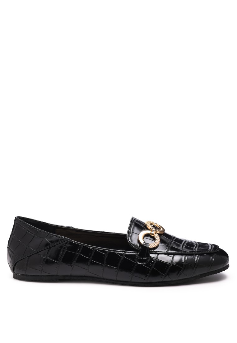 Croc Textured Metal Show Detail Loafers in Black
