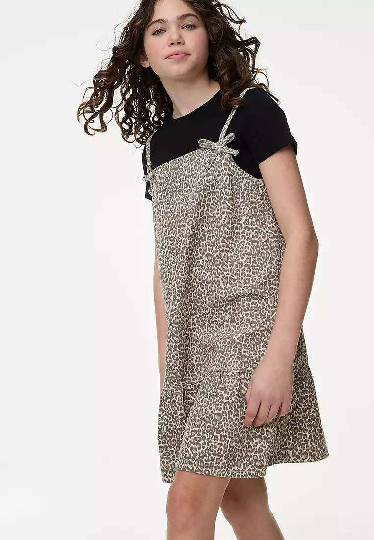 2pc Leopard Print Denim Dress Outfit