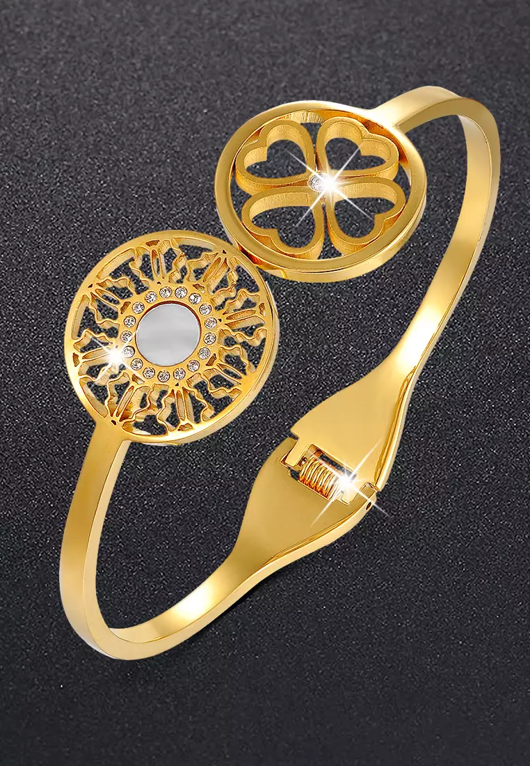 Artistic Floral Hinged Bangle-Gold/Clear