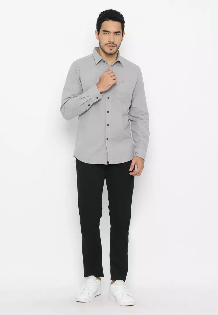 POLICE Kemeja Polos Cotton Slub Light Grey Regular Fit Lengan Panjang Pria