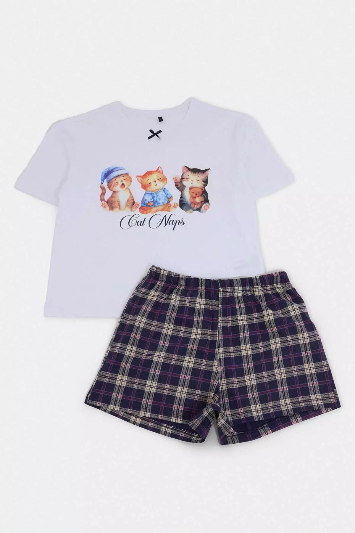 White-Multicolor 100% Cotton Cat Printed Plaid Knitted Pajamas Set Thmss26Pt00160