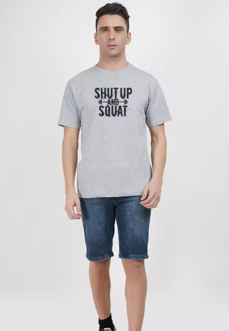 Shut up and Squat Grey Cotton Short Sleeve Crew Neck Workout/Training Tee