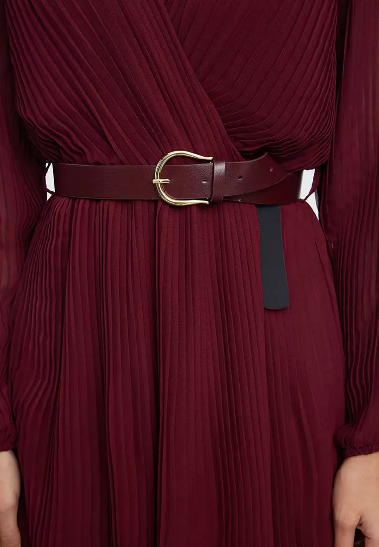 Burgundy Belted A-Line Pleated Maxi Lined Chiffon Woven Dress TWOAW24EL00471