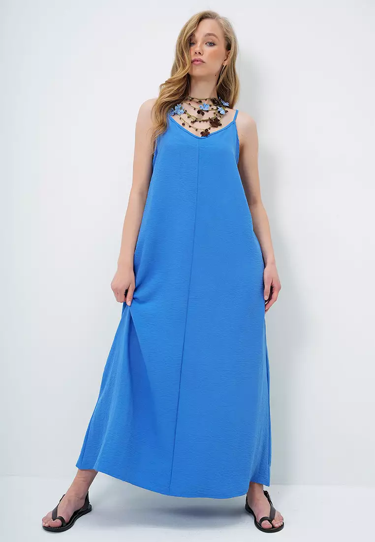 Women's Indigo Blue Adjustable Strap V-Neck Aerobin Summer Dress Alc-X14067