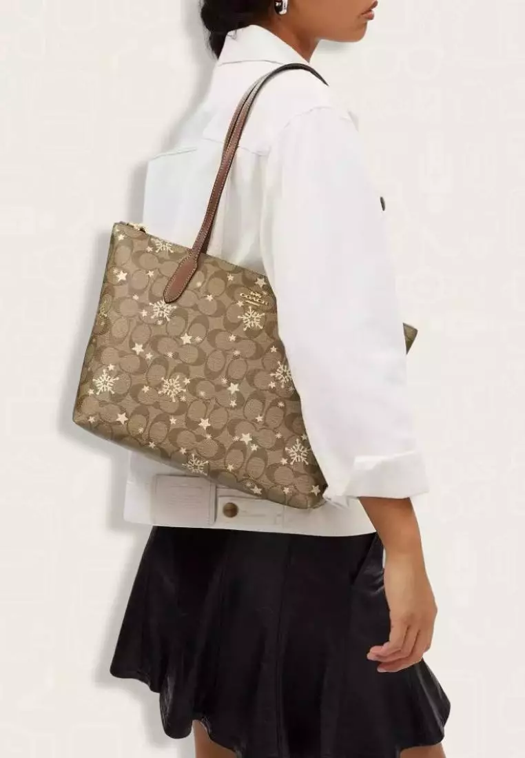 Coach Zip Top Tote In Signature Canvas With Star And Snowflake Print Khaki Saddle Gold Multi