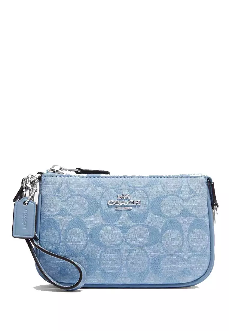 COACH Nolita 15 Cornflower Blue Denim Signature Leather Wristlet Bag Wallet