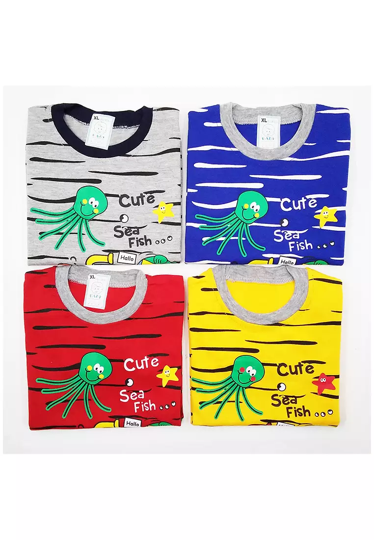 Skabe Pakaian Bayi Anak Laki Laki Baju Atasan Oblong Lengan Pendek Motif Cute Sea Fish Setelan Celana Panjang Warna Tua All Size Usia 12 Bulan Hingga 18 Bulan 3362