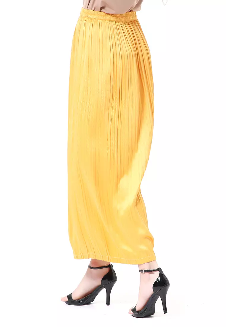 Angely Rok Plisket Rubbery Waist Fashion Wanita Simple - Gold