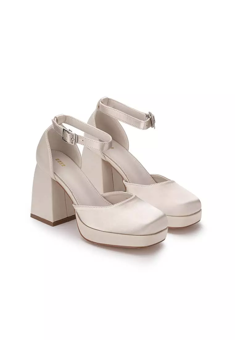 White heels with hot sale ankle strap closed toe