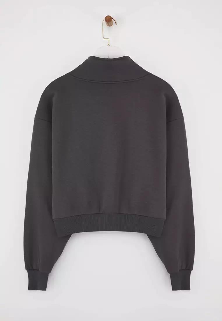 Anthracite Relaxed Cut Crop Zippered Stand Collar Thick Polar Fleece Knitted Sweatshirt