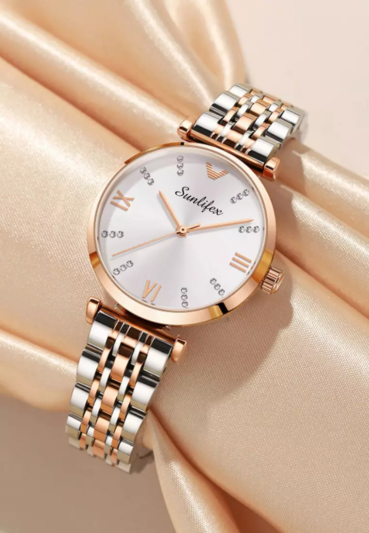 Jam Tangan Wanita Berlian 9018 Original Anggun Santai Wanita Tali Stainless Steel Jam Tangan Cewek rose white