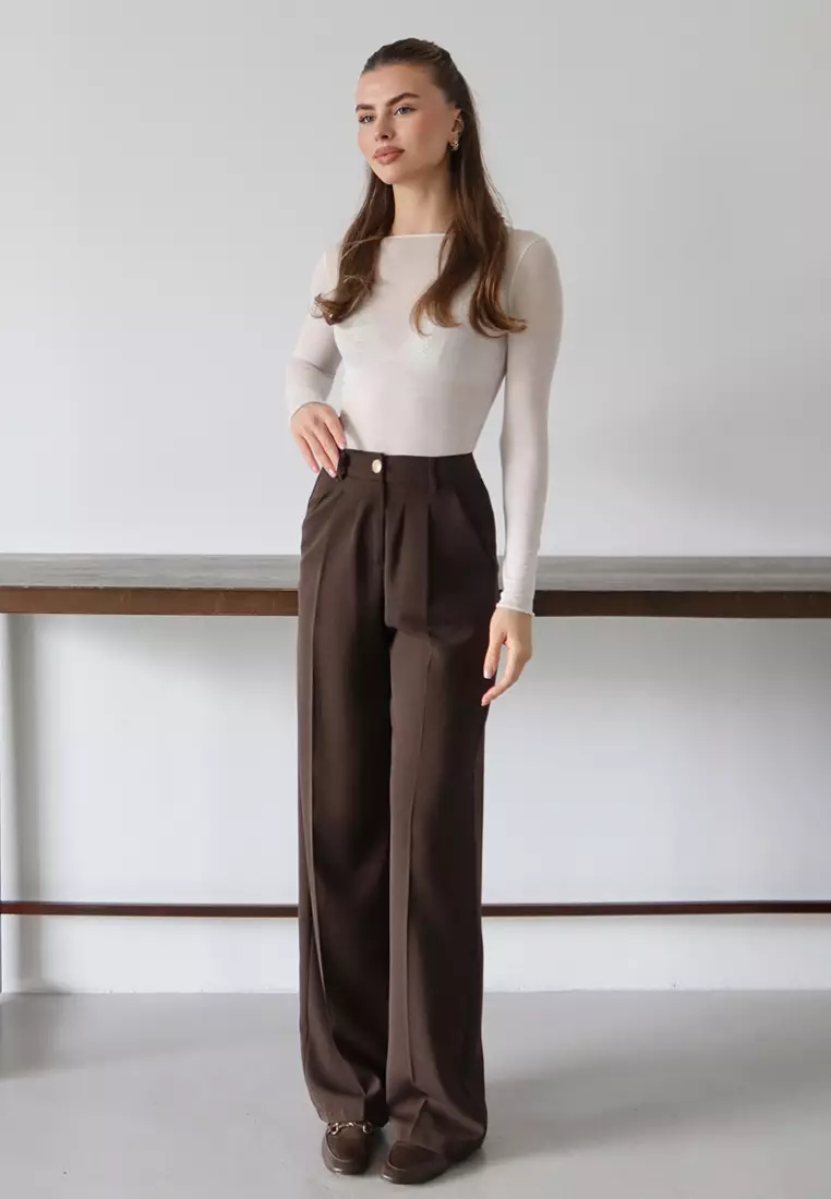 Dark Brown High Waist Wide Leg Woven Trousers Twoaw26Pl161