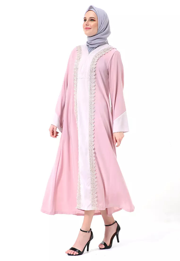Catlana Long Hidden Pocket Abaya Turkey Variasi Renda Premium High Quality - Rose