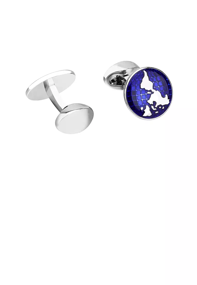 Mooclife Fashion Elegant World Map Blue Geometric Round Cufflinks