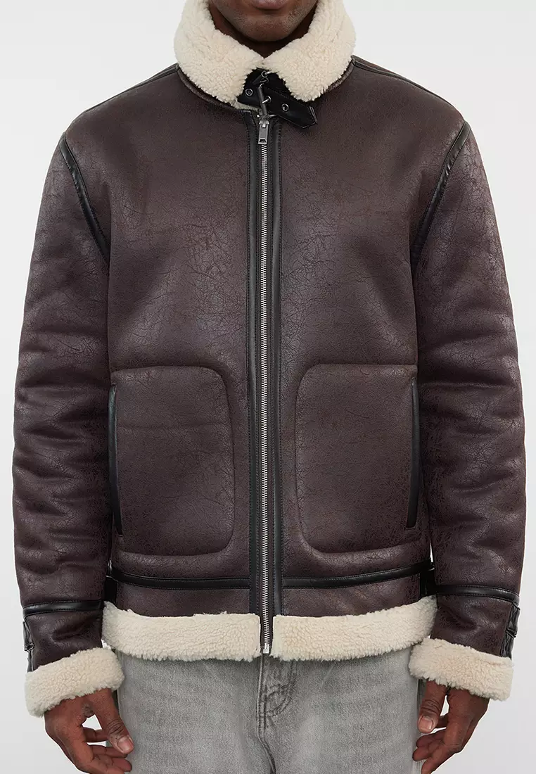 Men's Dark Brown Regular Fit Winter Coat With Fur Inside Tmnaw25Mo00013