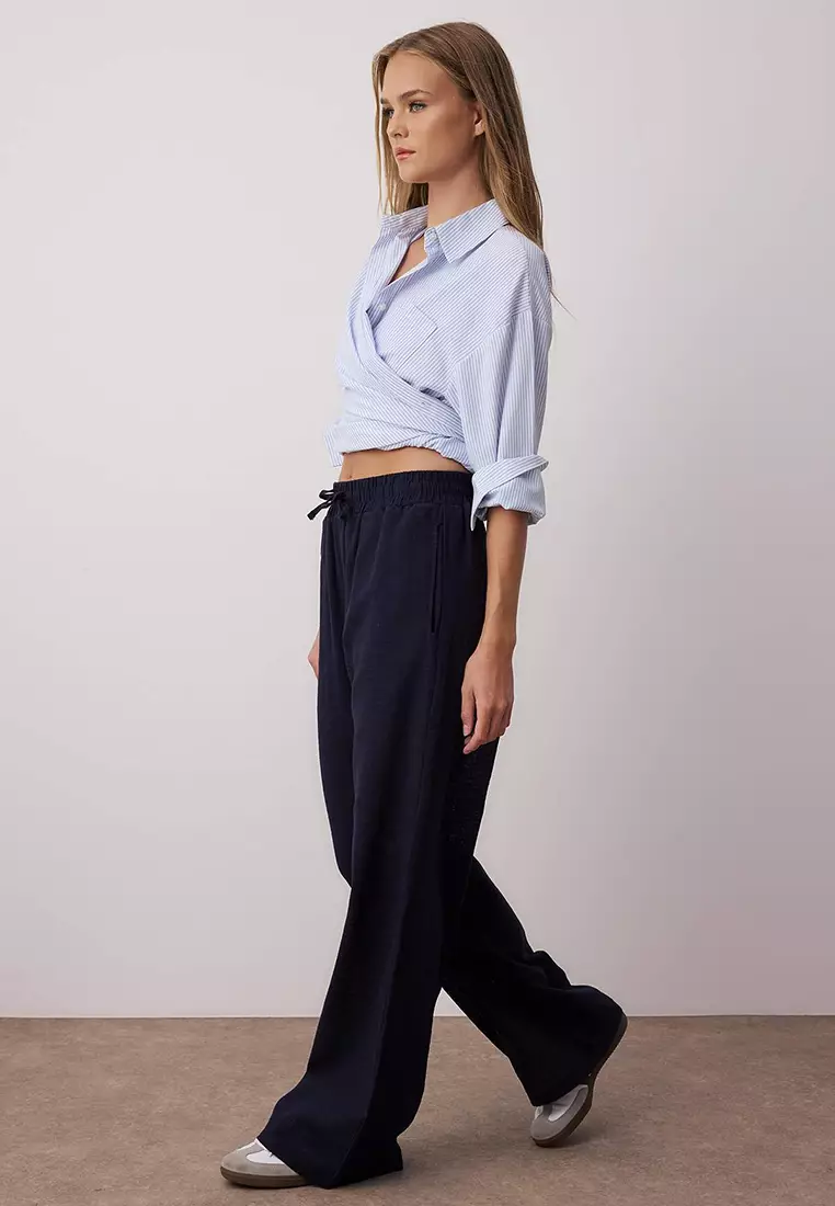 Navy Blue Linen Look Wide Leg Shorts Lined Elastic Waist Pants