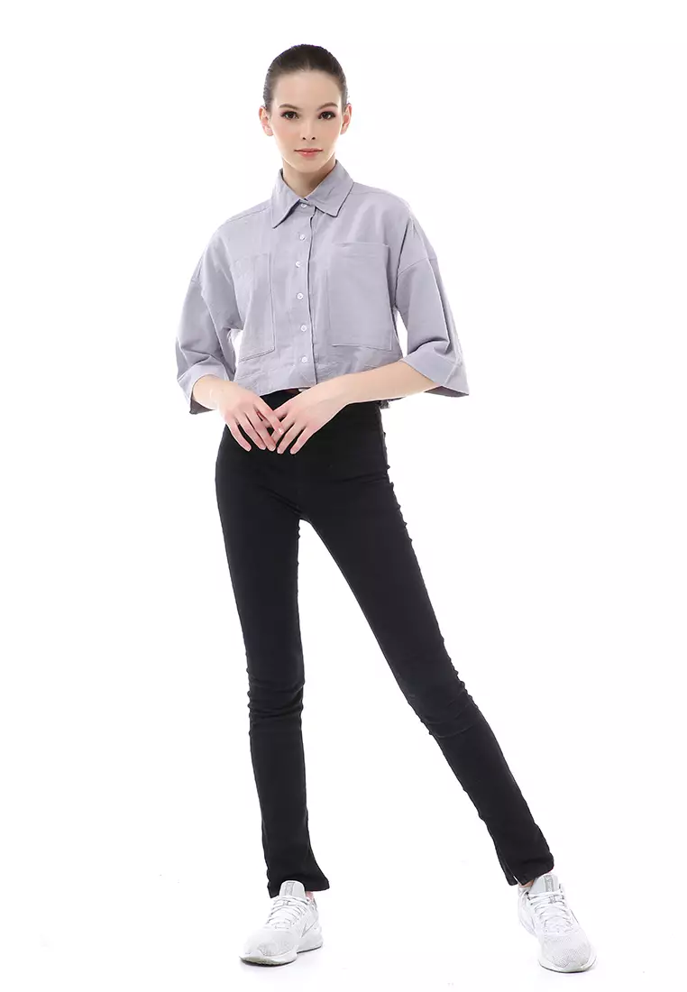 Brielle Atasan Wanita Kemeja Crop Oversize Shirt Lengan Panjang Material Linen ORIGINAL - Lilac